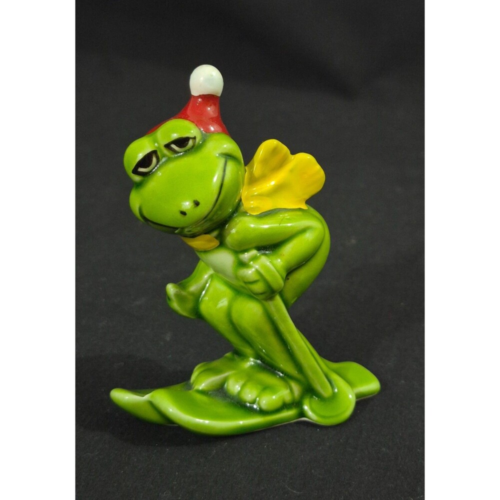 Vintage Norcrest Japan Ceramic Skiing Frog Figurine With Santa Hat